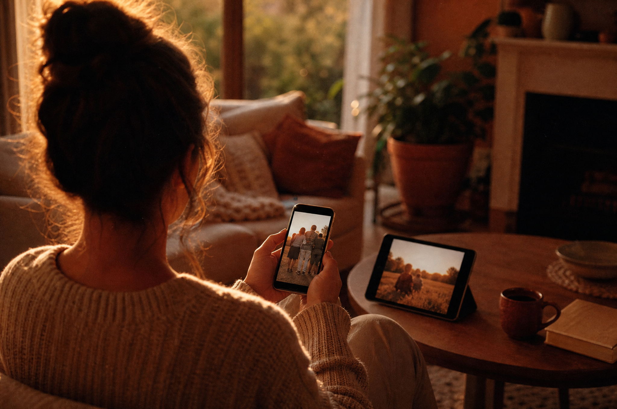 Viewing family photos on a phone and tablet in a cozy, warm-lit living room