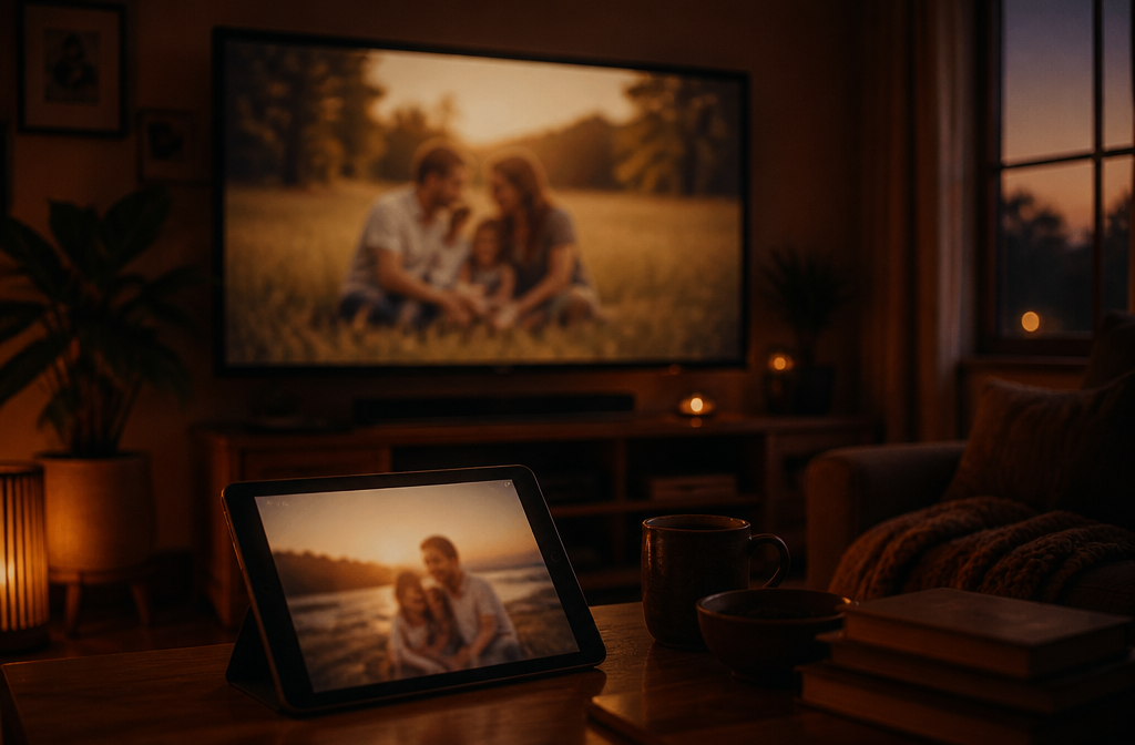 A TV and tablet playing a family photo slideshow in a cozy living room